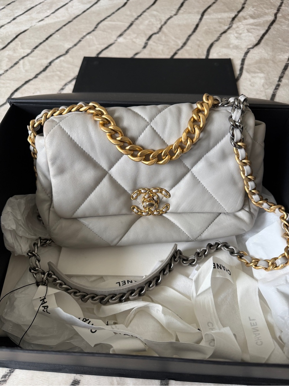 CHANEL 19 Medium 10”wide Light Gray with Mixed Gold and Silver chain